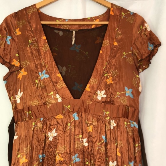 Free People Women's V-Neck Babydoll  Floral Rust Silk Mini Dress Size 12 - Picture 6 of 14